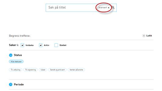 Skjermdump av avansert søk i ny innboks