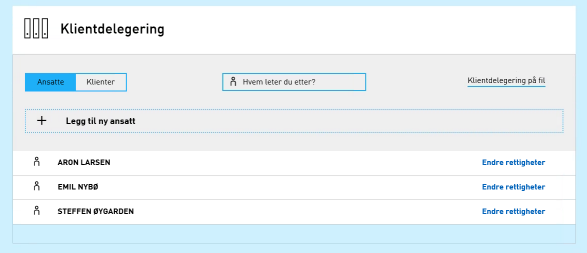 Skjermdump av klientdelegering - oversikt over ansatte